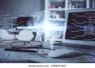 Double exposure of table with computer and brain hologram. Data innovation concept.