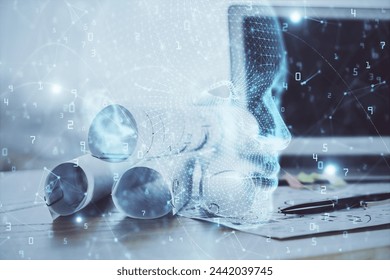 Double exposure of table with computer and brain hologram. Data innovation concept.