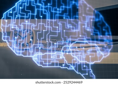 Double exposure of table with computer and brain hologram. Data innovation concept.