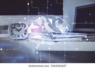 Double exposure of table with computer and brain hologram. Data innovation concept.