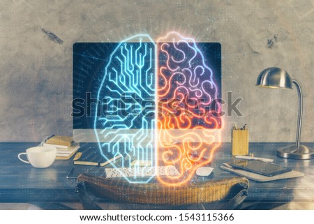 Double exposure of table with computer and brain hologram. Data innovation concept.