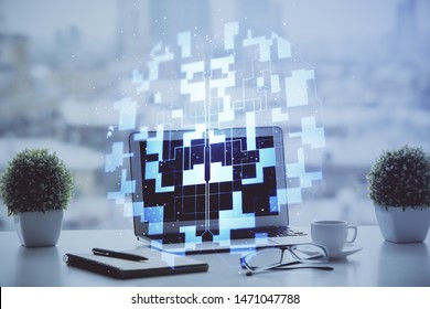 Double exposure of table with computer on background and data theme drawing. Concept of innovation.