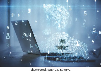 Double exposure of table with computer on background and data theme drawing. Concept of innovation.
