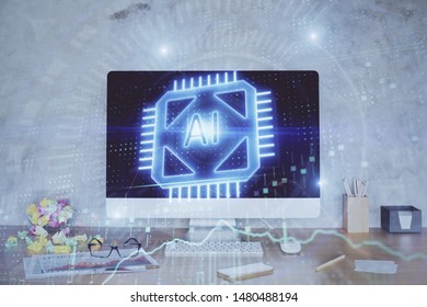 Double exposure of table with computer on background and data theme hologram. Data technology concept.