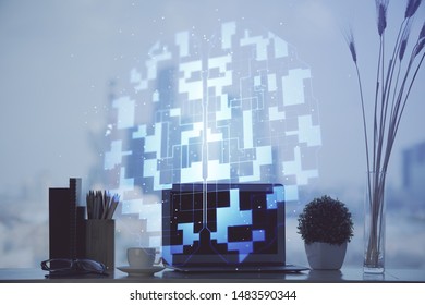 Double exposure of table with computer on background and data theme hologram. Data technology concept.