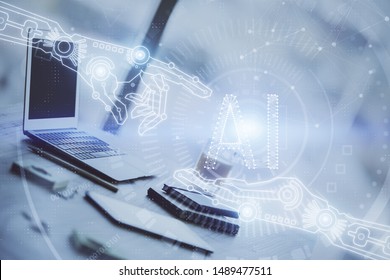 Double exposure of table with computer on background and data theme drawing. Concept of innovation.