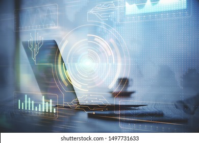Double exposure of table with computer on background and data theme drawing. Concept of innovation.
