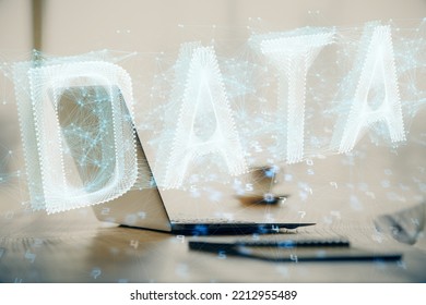 Double exposure of table with computer on background and data theme drawing. Concept of innovation.
