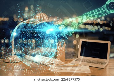 Double exposure of table with computer on background and data theme hologram. Data technology concept.