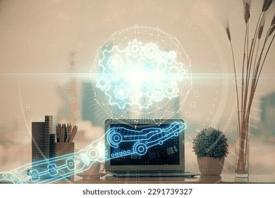 Double exposure of table with computer on background and data theme hologram. Data technology concept.