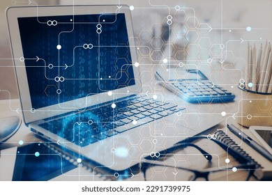 Double exposure of table with computer on background and data theme drawing. Concept of innovation.