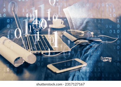 Double exposure of table with computer on background and data theme drawing. Concept of innovation.