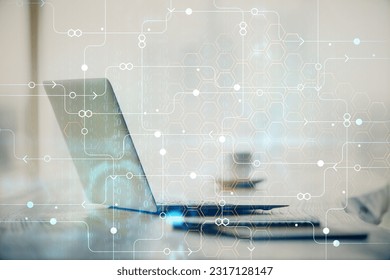 Double exposure of table with computer on background and data theme drawing. Concept of innovation.
