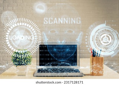 Double exposure of table with computer on background and data theme hologram. Data technology concept.