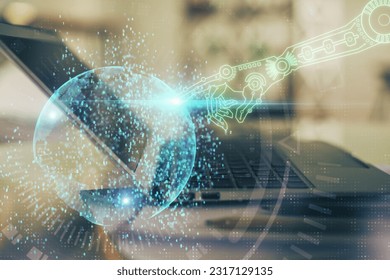 Double exposure of table with computer on background and data theme hologram. Data technology concept.