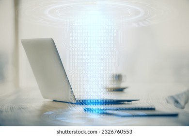 Double exposure of table with computer on background and data theme drawing. Concept of innovation.