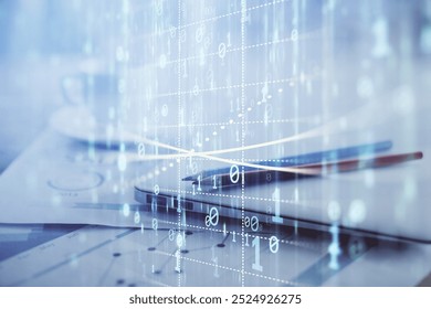 Double exposure of table with computer on background and data theme hologram. Data technology concept.
