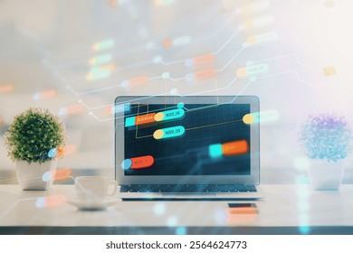 Double exposure of table with computer on background and data theme drawing. Concept of innovation.
