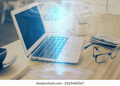 Double exposure of table with computer on background and data theme drawing. Concept of innovation.