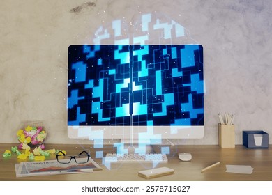Double exposure of table with computer on background and data theme hologram. Data technology concept.