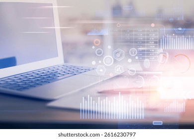 Double exposure of table with computer on background and data theme hologram. Data technology concept.