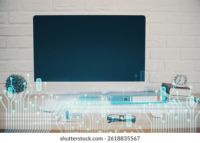 Double exposure of table with computer on background and data theme hologram. Data technology concept.