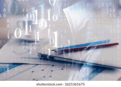 Double exposure of table with computer on background and data theme hologram. Data technology concept.