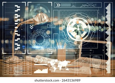 Double exposure of table with computer on background and data theme hologram. Data technology concept.