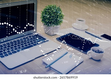 Double exposure of table with computer on background and data theme drawing. Concept of innovation.