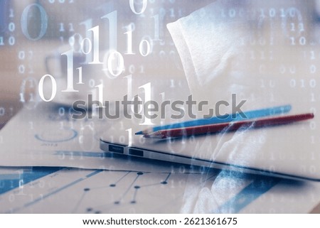 Double exposure of table with computer on background and data theme hologram. Data technology concept.