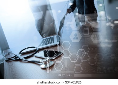 double exposure of team doctor working with laptop computer in medical workspace office and health care network media diagram as concept