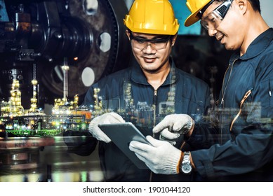 Double Exposure Of Team Engineer Mechanic Man Checking Plan On Tablet For Maintenance Pressing Metal Machine At Factory, Teamwork Concept