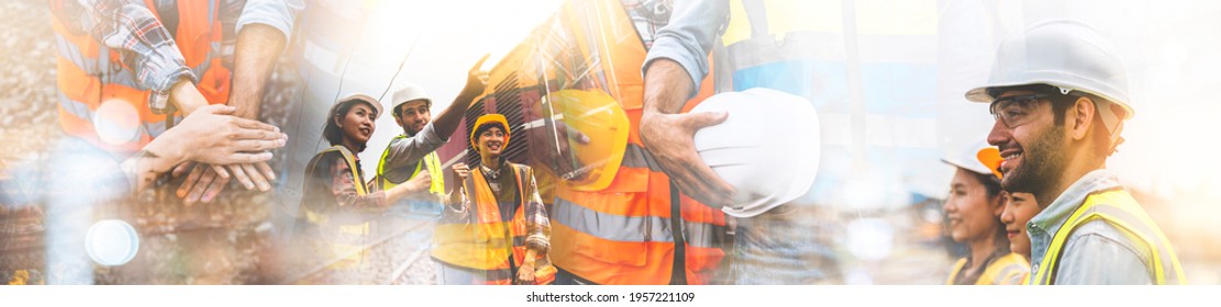 Double exposure of team railway engineer is on duty in work site with abstract bokeh backgrounds, use for banner cover.	