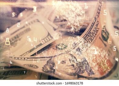 Double exposure of tech theme drawing over usa dollars bill background. Concept of technology.