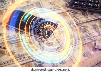 Double exposure of tech theme drawing over usa dollars bill background. Concept of technology.