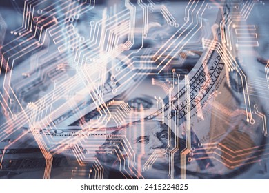 Double exposure of tech theme drawing over usa dollars bill background. Concept of technology.