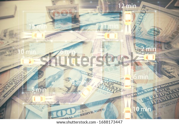 Double exposure of tech theme\
drawing over usa dollars bill background. Concept of autopilot\
ai.