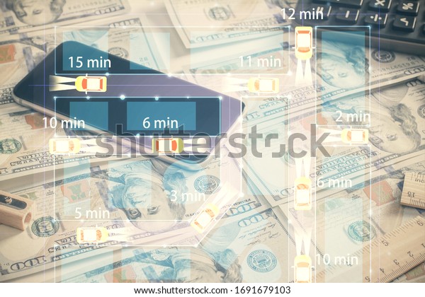 Double exposure of tech theme
drawing over usa dollars bill background. Concept of autopilot
ai.