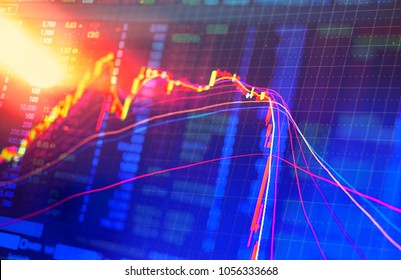 Double Exposure Technical Candlestick Price Chart Showing Up And Down Trend, Volatility, Panic Sell, Red Selling Stock Ticker Trading Data On Computer Screen Background  Financial Business Concept