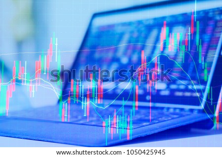 Double exposure Technical price graph and indicator, red and green candlestick chart and stock trading computer screen background Market volatility, up and down trend. Crypto currency theme background
