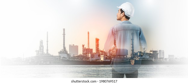 Double Exposure Of Technician Engineers Holding Blueprint Paper And Wear Safety Helmet Are Working Orders The Oil And Gas Refinery Plant.Petrochemical Plant And Biofuel Energy Concept.