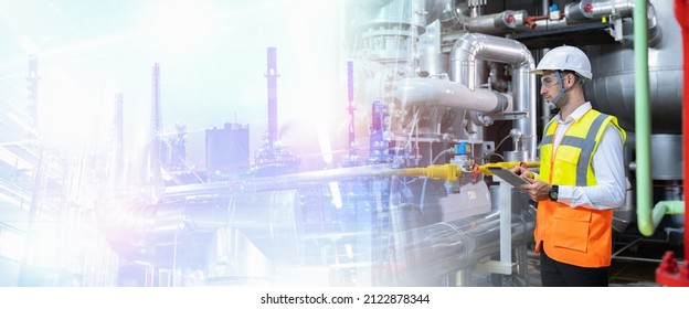 Double Exposure Of Technician Engineers Holding Blueprint Paper And Wear Safety Helmet Are Working Orders The Oil And Gas Refinery Plant.Petrochemical Plant And Biofuel Energy Concept.