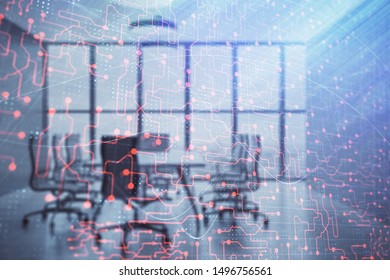 Double exposure of technlogy theme abstract hologram on conference room background. Concept of hightech