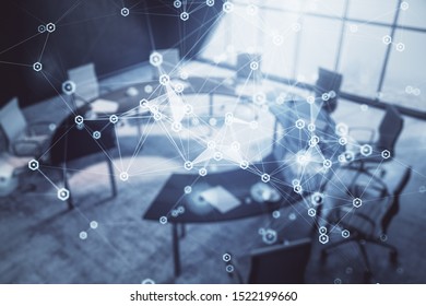 Double exposure of technlogy theme abstract hologram on conference room background. Concept of hightech