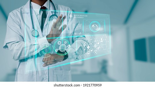 Double Exposure Of Technology Healthcare And Medicine Concept. Doctor And Modern Virtual Screen Interface Icons, Blurred Background.