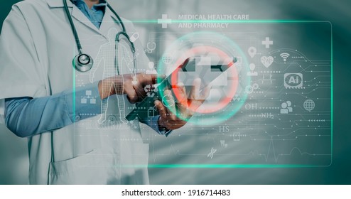 Double Exposure Of Technology And Medicine Concept. Doctor Woman Using Digital Tablet And Modern Virtual Screen Interface Icons, Blurred Background.