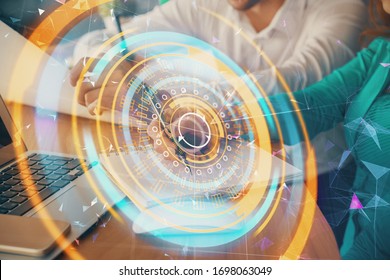 Double exposure of technology theme drawing over people taking notes background. Concept of Tech