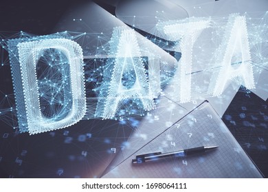 Double exposure of technology theme drawing over work table desktop. Top view. Global data analysis concept.