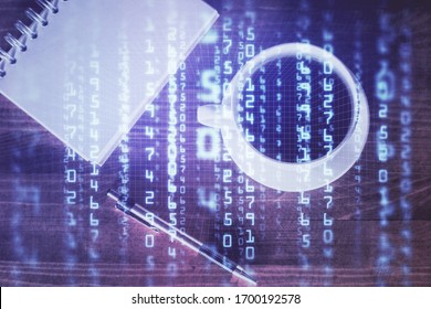 Double exposure of technology theme drawing over work table desktop. Top view. Global data analysis concept.