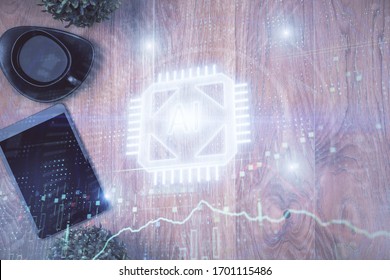 Double exposure of technology theme drawing over work table desktop. Top view. Global data analysis concept.